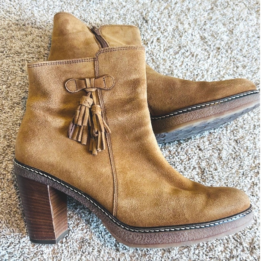 Gabor Boho 70s Western Tan Suede Tassel Ankle Boots Stacked Block Heel Size 7.5